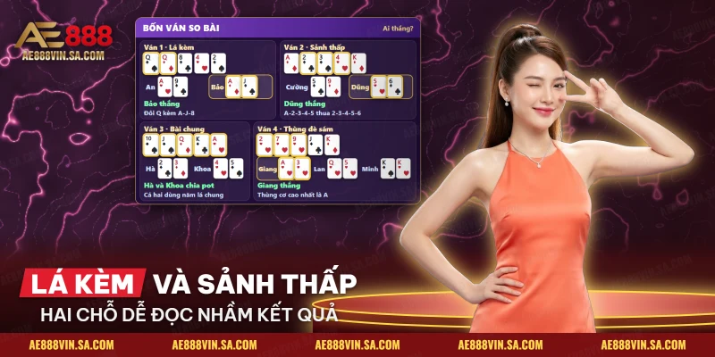 Bốn ván so bài với lá kèm, sảnh thấp, bài chung và thùng ở Poker AE888