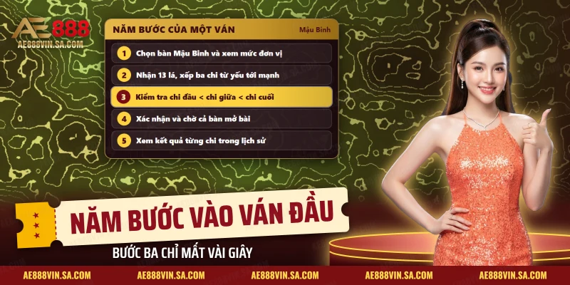 Năm bước của một ván Mậu Binh từ chọn bàn, xếp ba chi đến xem kết quả trong lịch sử