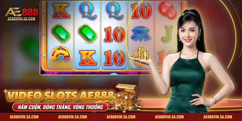 Video Slots AE888 với màn hình quay cuộn có đá quý, các lá chữ cái và cọc xu vàng